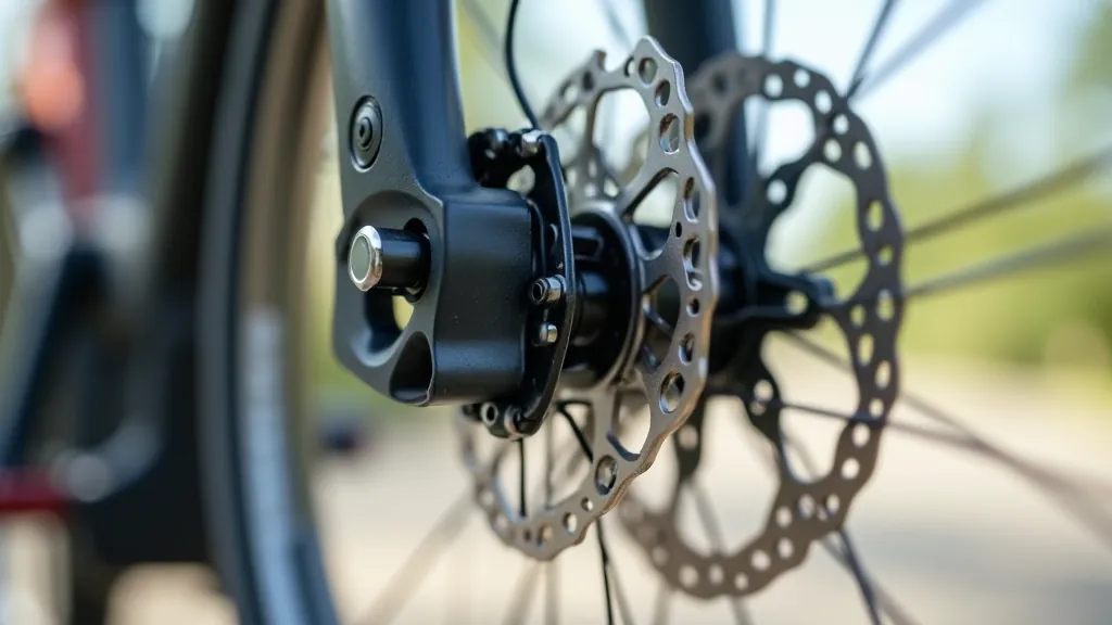 Bicycle brake system close-up, brake pads and disc brake components, mechanical bike parts