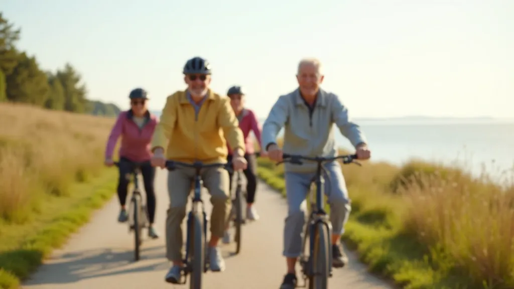 Group of seniors cycling together on coastal path, multiple cyclists riding side by side on flat terrain