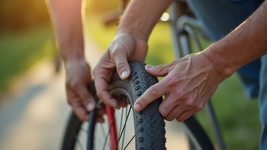 Bicycle tire replacement demonstration, hands changing a flat tire on a bike, mechanical repair process