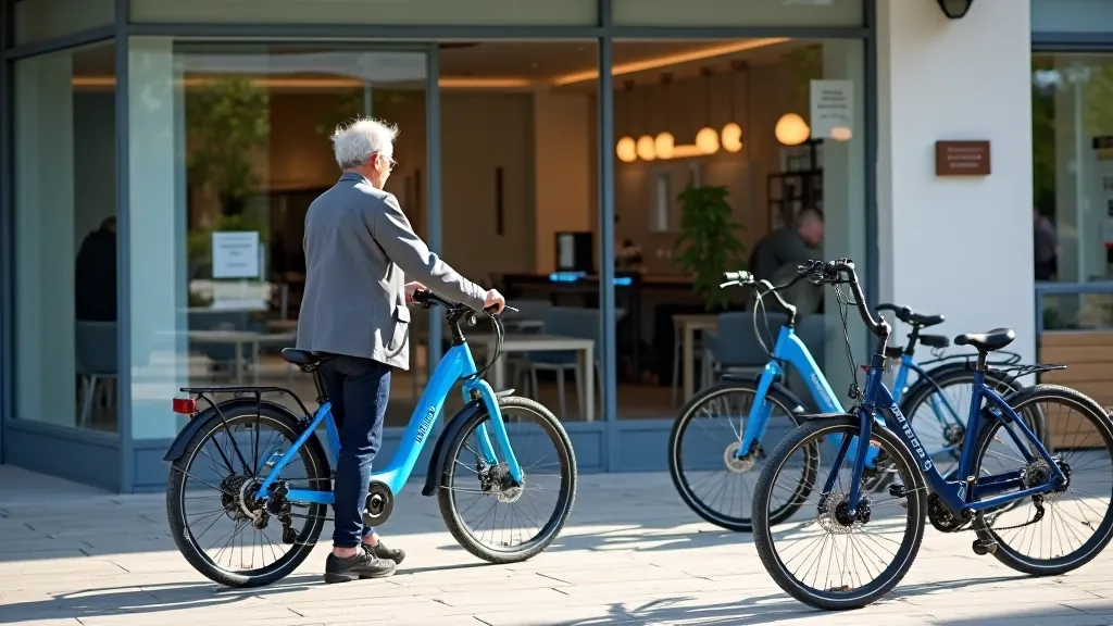 Modern e-bike rental shop with display of electric bicycles