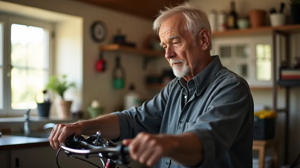 Senior aged 65 fully clothed in casual clothing maintaining bicycle
