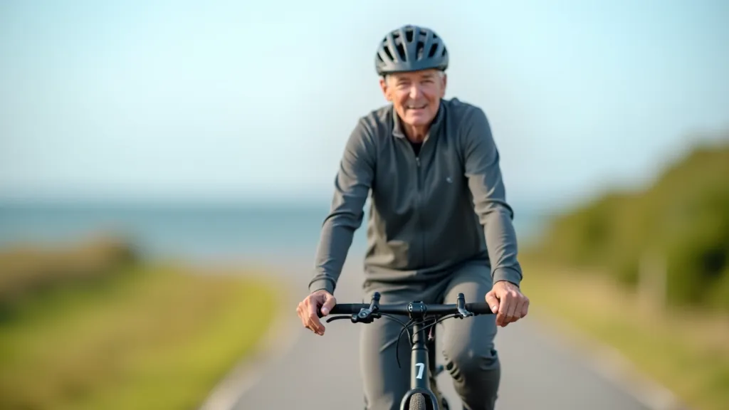 Senior cyclist wearing safety helmet riding electric bike on paved coastal bike path, safety equipment visible