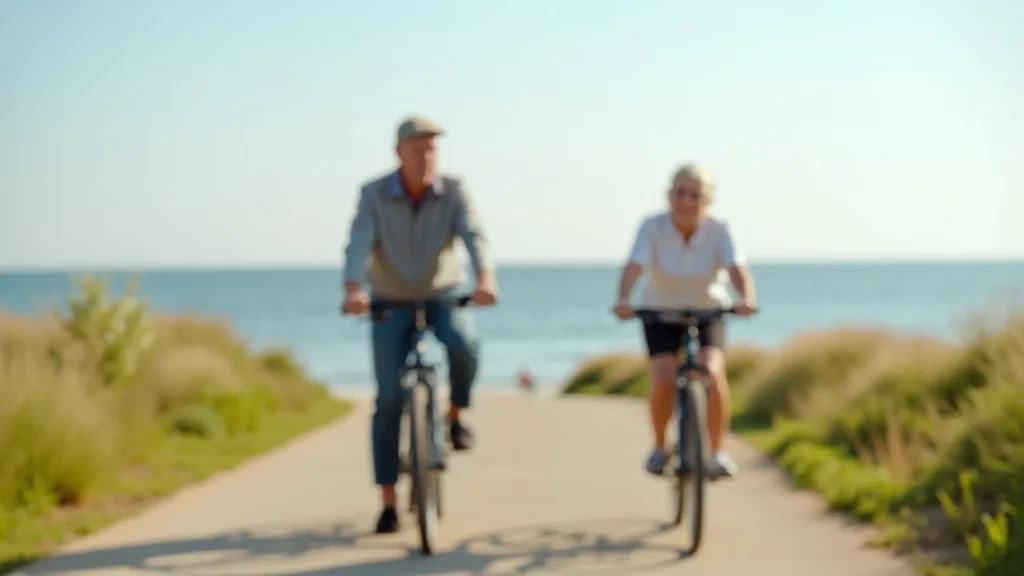Seniors cycling on flat coastal path near Riga with Baltic Sea visible in background, group of cyclists on wide bike path